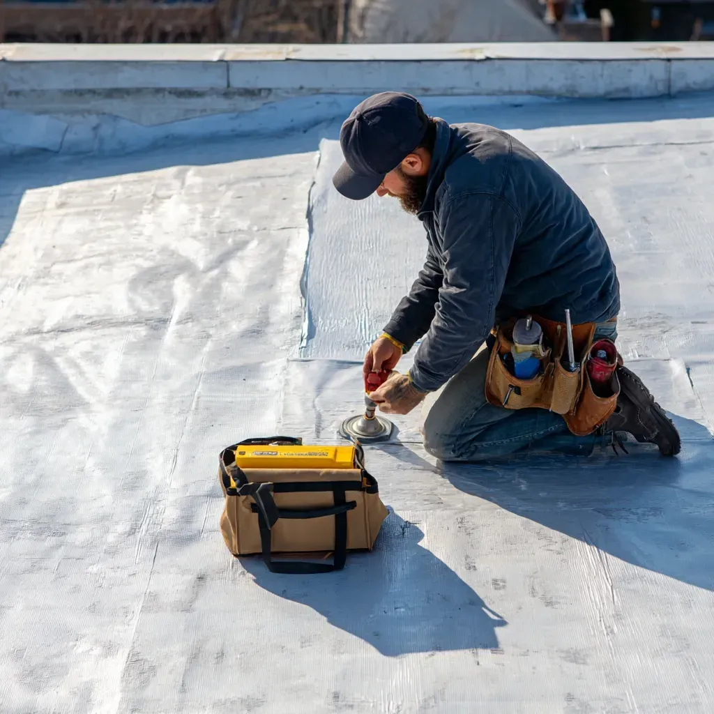 Commercial flat roof drain system install Evanston IL with integrated roof drains, overflow scuppers, crickets to drain, and clog-resistant dome strainer assemblies.