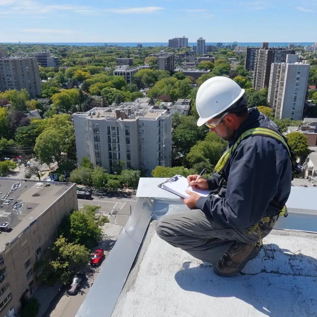 Evanston IL commercial roof inspectors providing heat-weld seam verification, fastener back-out detection, scupper and drain inspection, and wind uplift vulnerability analysis.