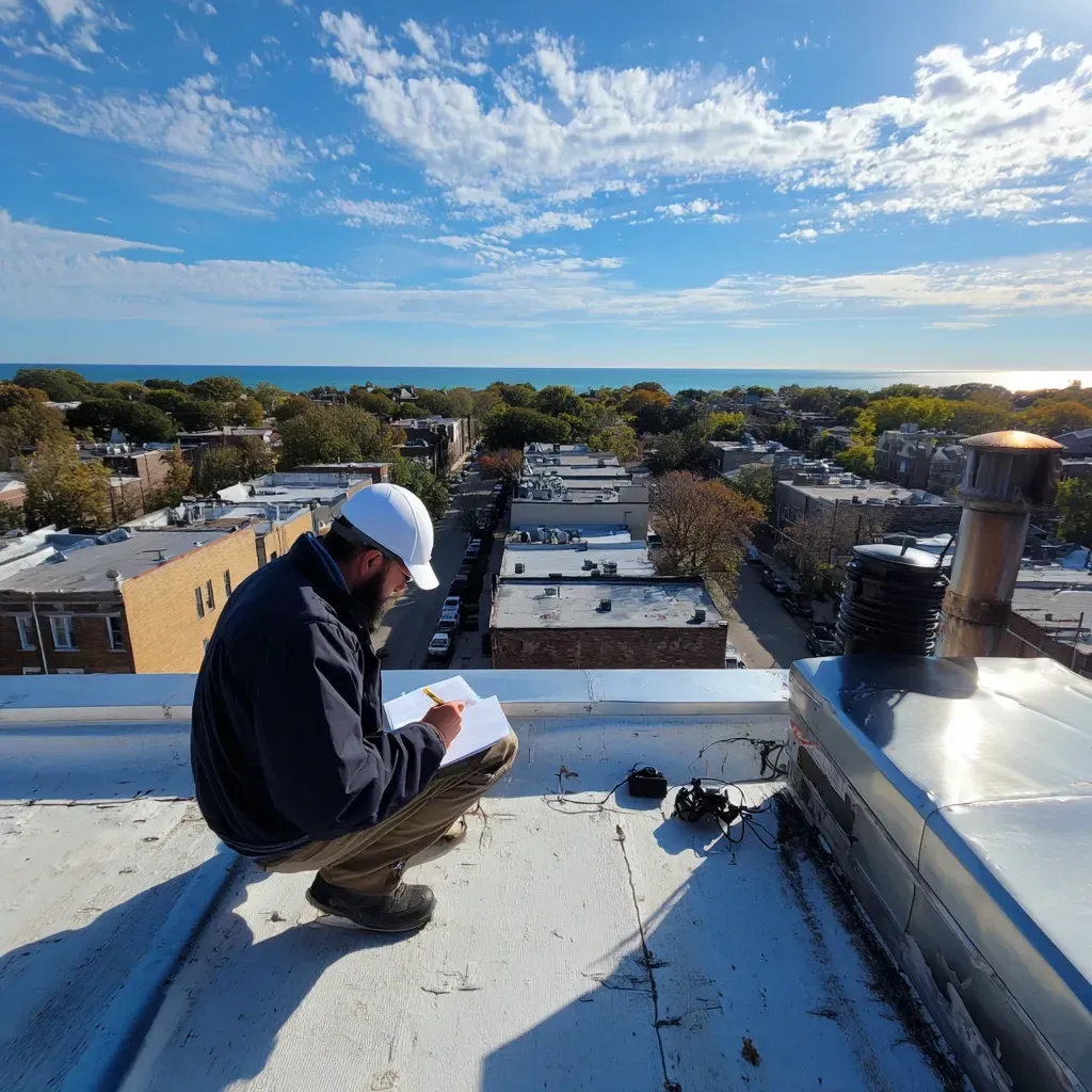 Full turnkey commercial flat roof installation Evanston IL including pre-construction inspection, CAD-based tapered design layout, material staging, fast-track scheduling, and 20-year manufacturer NDL warranties.