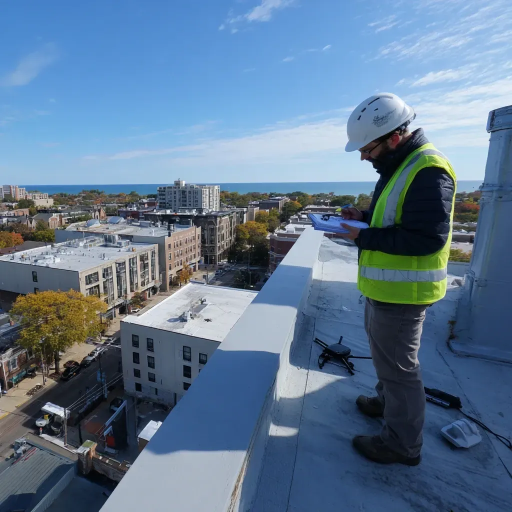 Commercial flat roof membrane install Evanston IL with high-strength lap sealant, heat-welded field seams, pipe penetration detailing, wall termination bar setup, and metal edge flashing securement.