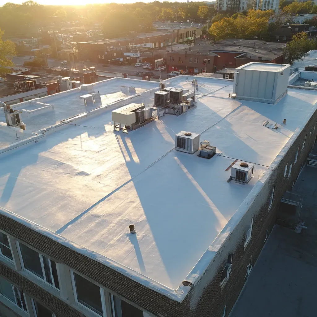 Commercial flat roofing Evanston IL with tapered insulation systems, vapor barriers, drain installation, membrane welding, and reflective coatings for energy-efficient roofing on flat roof buildings throughout Evanston Illinois.