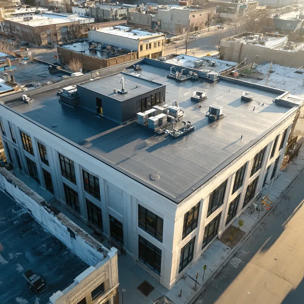 Modified bitumen flat roofing Evanston IL including torch-down bitumen application, SBS self-adhered membranes, APP granulated torch-down rolls, and multi-ply cap sheet systems built for maximum durability and flexibility in Evanston IL weather.