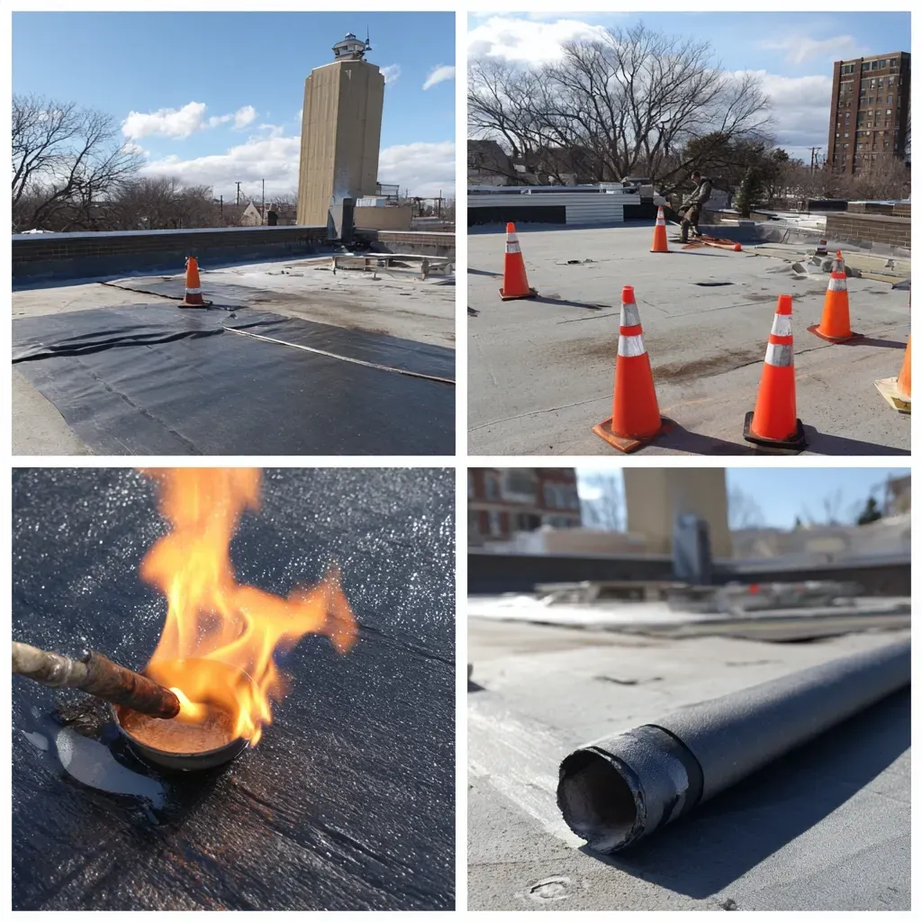 Emergency flat roofing Evanston IL for active leaks, storm-damaged flat roofs, membrane blow-offs, scupper backups, and ponding remediation with fast tarp coverage and same-day leak patching in Evanston Illinois.