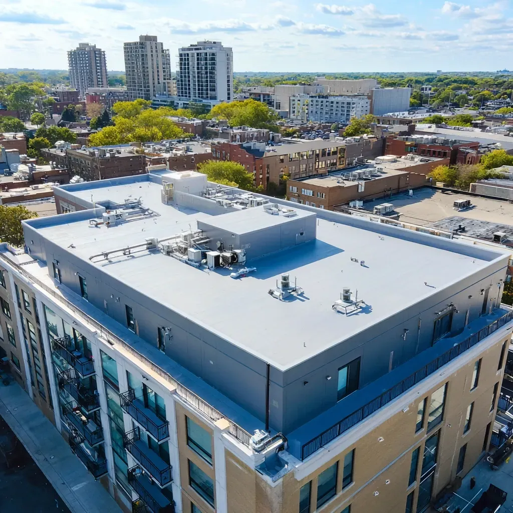 TPO commercial flat roof installation Evanston IL with white reflective membrane layers, reinforced scrim, mechanically fastened plates, and fleece-back options installed by Evanston IL flat roof pros.