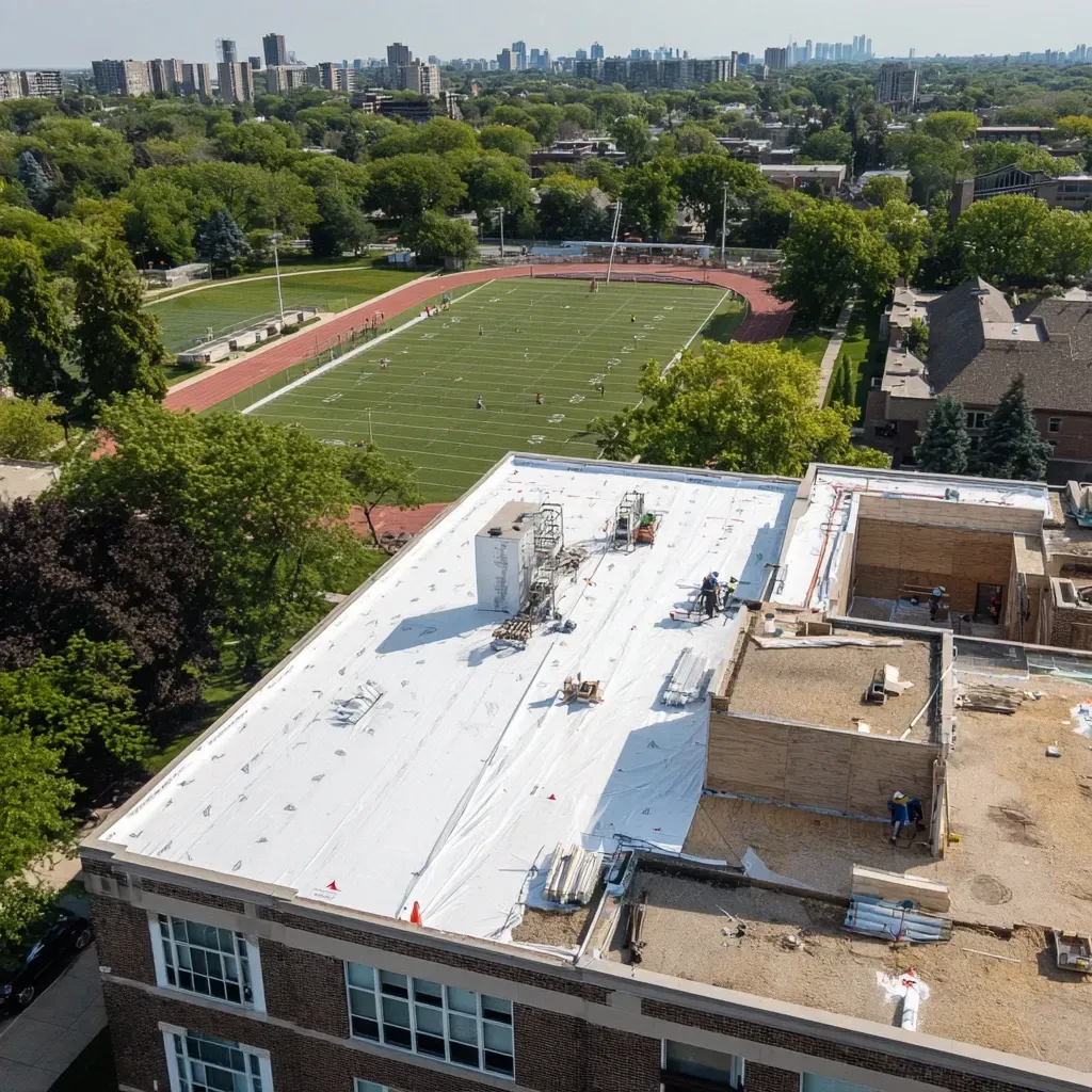 Elastomeric commercial roof sealing Evanston IL with 100% silicone coatings, full flashing encapsulation, UV/infrared reflective protection, and 20–30 year life extension solutions.