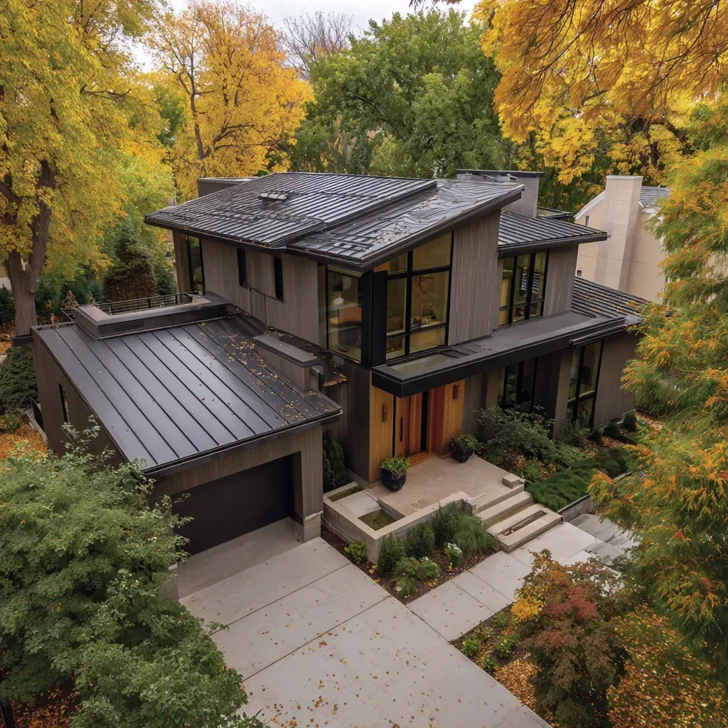 Residential metal roofing Evanston IL including classic ribbed metal panels, vertical seam hidden-fastener systems, high-slope aluminum roofs, zinc-coated steel shingles, metal tile panels, and copper accent panels engineered for long-term protection in Evanston IL weather conditions.