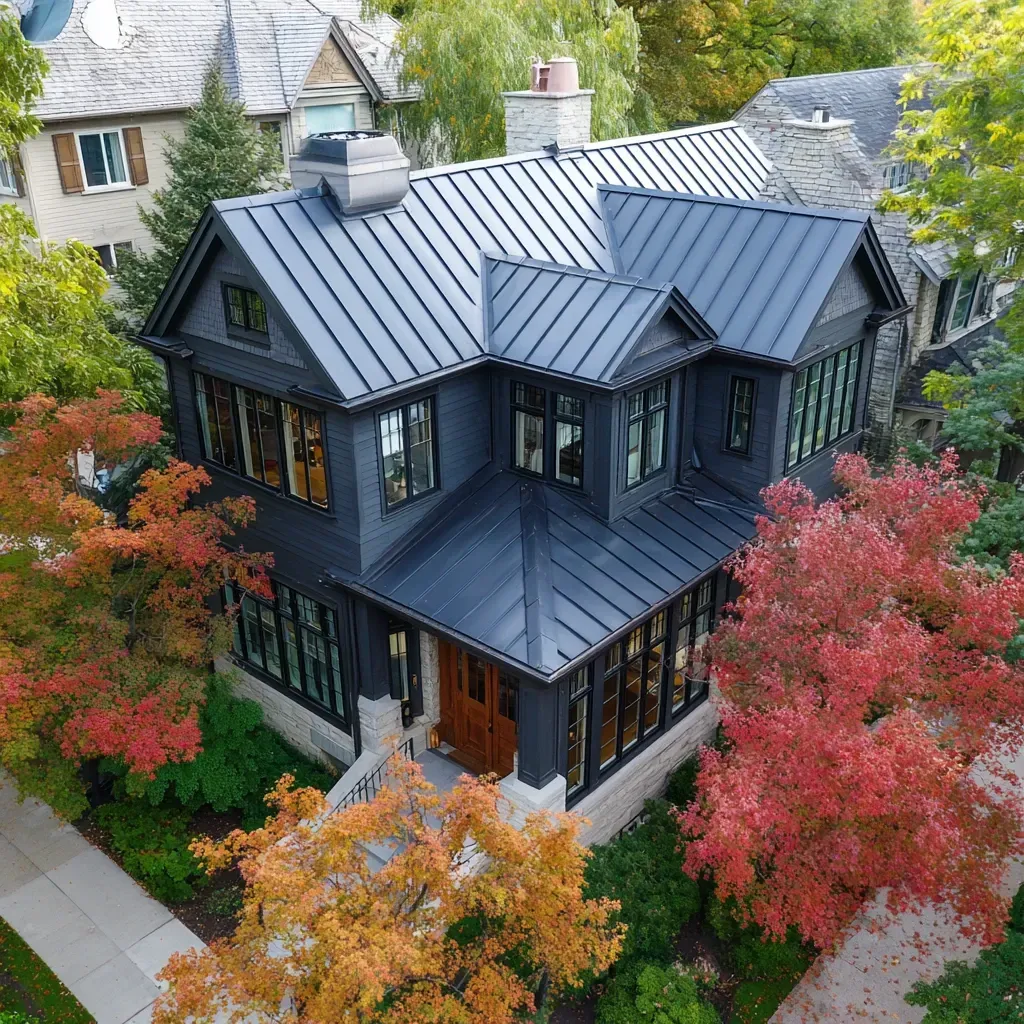 Premium metal roofing Evanston IL systems including Kynar-coated standing seam aluminum roofs, stone-coated steel tiles, pre-painted Galvalume with 40-year finish warranties, and fully adhered underlayment membranes with breathable synthetic barriers.