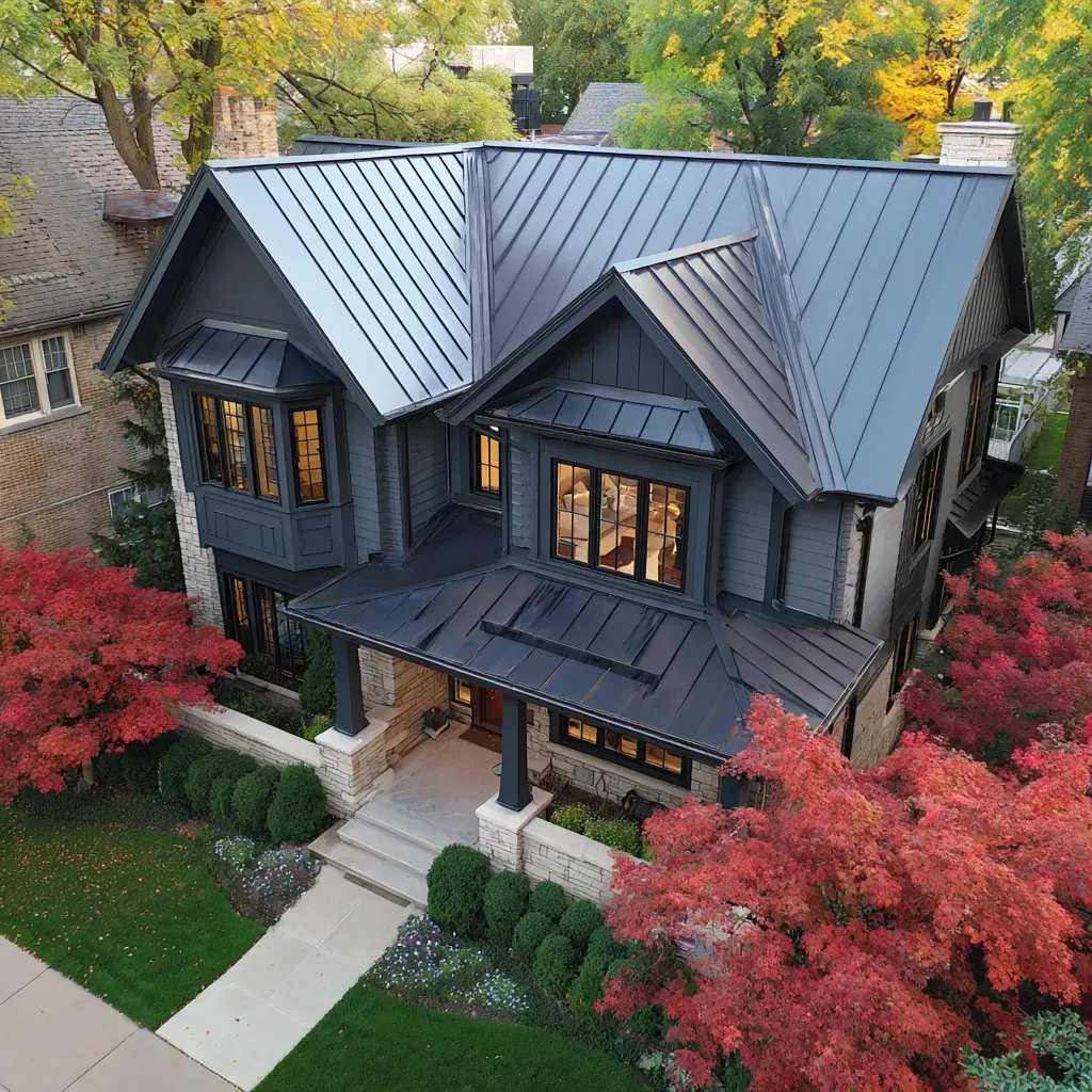 Energy-efficient metal roofing Evanston IL with high solar reflectivity, Energy Star-certified metal panels, radiant barrier insulation, solar panel mount-ready seams, and white-coated cool metal roofing systems for maximum summer heat deflection in Evanston Illinois.
