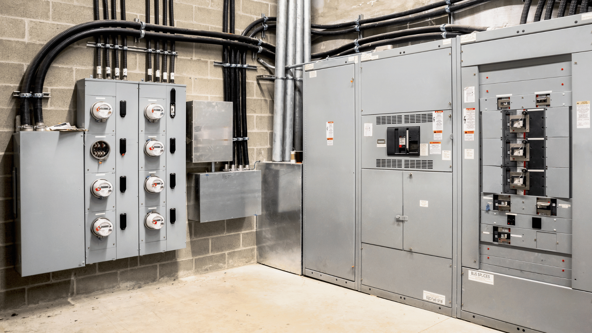 A room with a lot of electrical equipment on the wall.