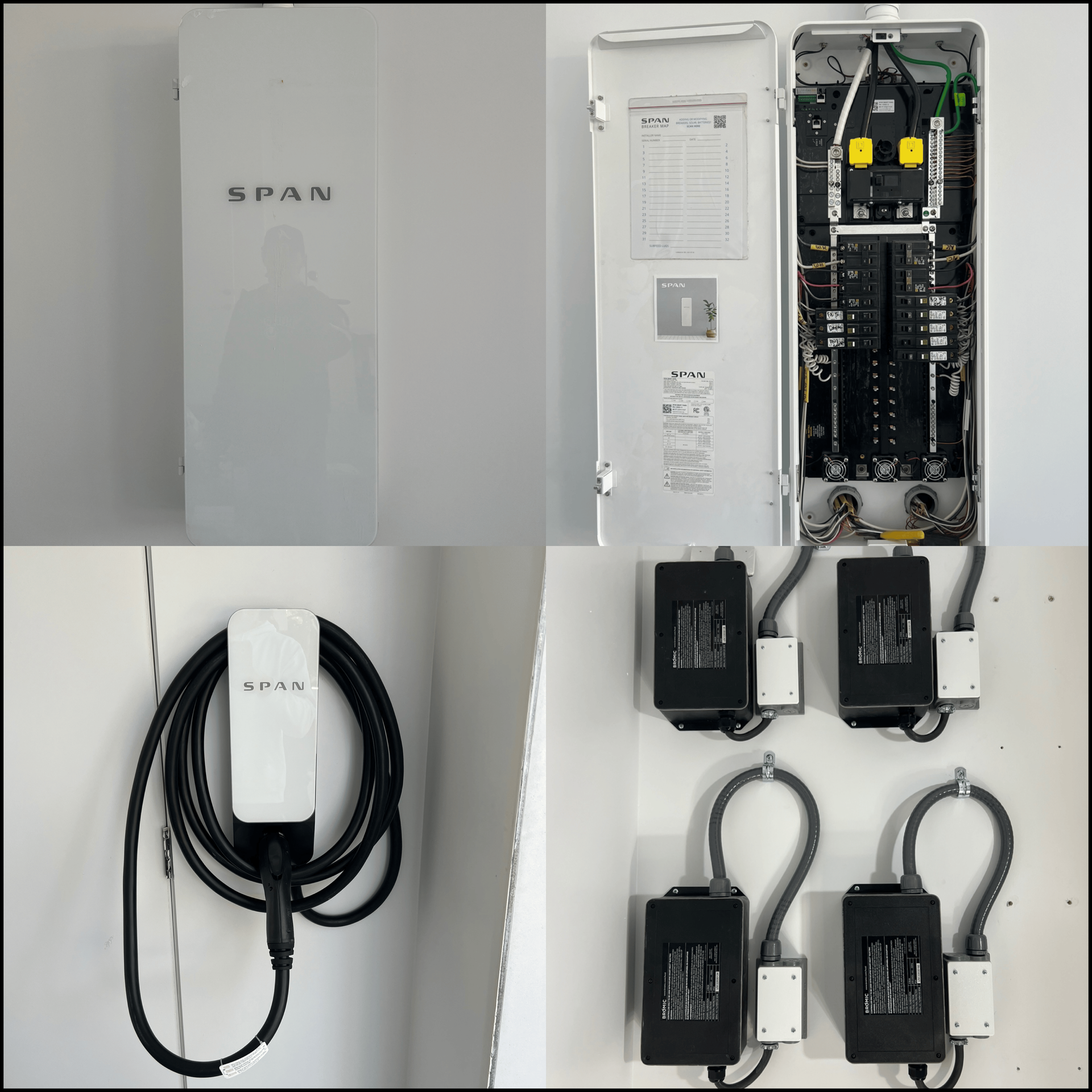 A collage of four pictures of a tesla charging station