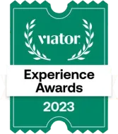 Viator Experience Awards 2023 badge, green and white, with laurel wreath and