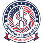 Logo for Signature DC Tours featuring a stylized Washington Monument, the DC map outline, and the company's name.