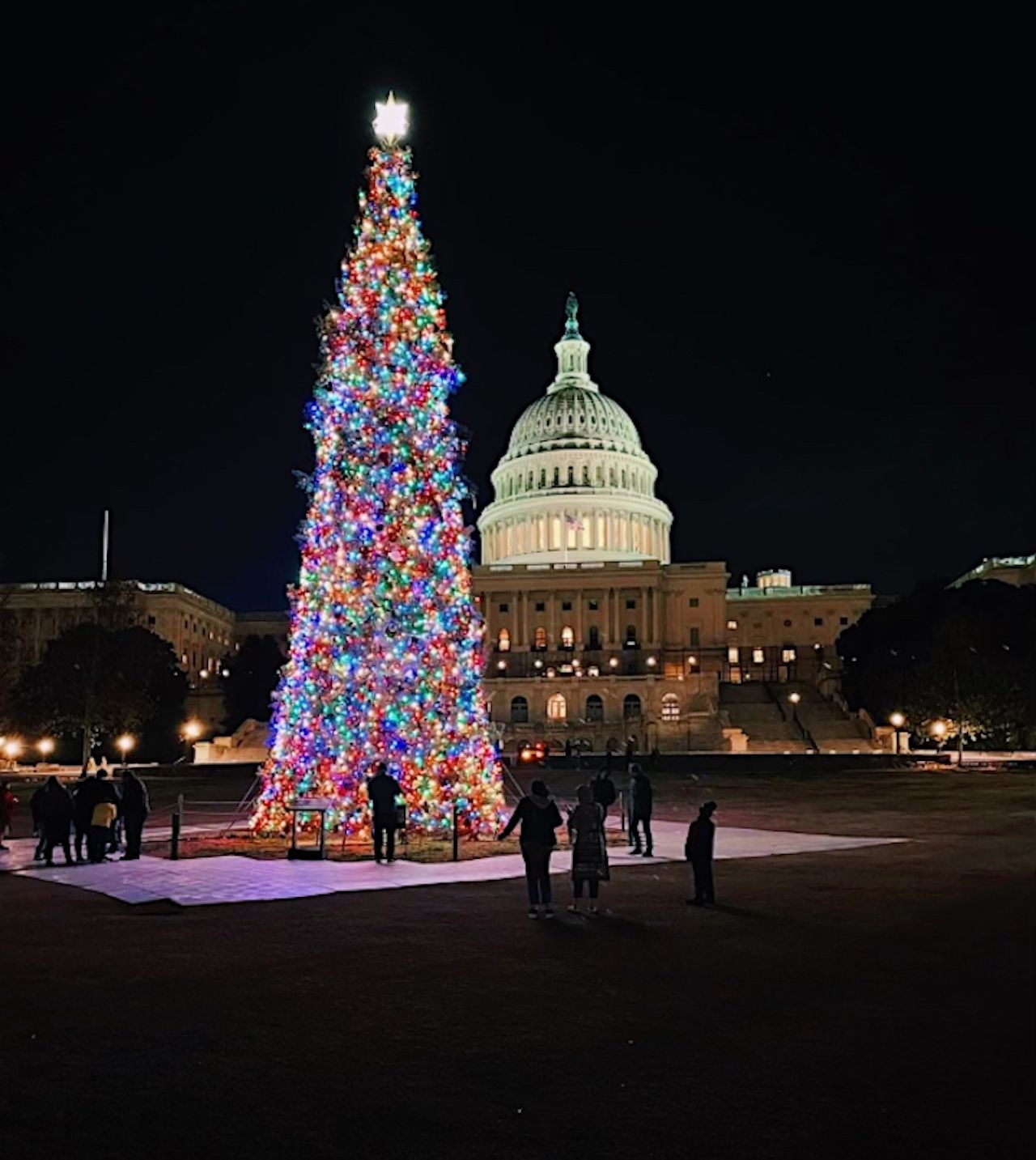 U.S. Capitol building at night, reflected in calm water; illuminated dome, lights.