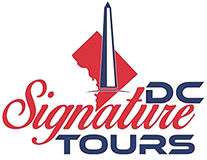 Logo for Signature DC Tours featuring a stylized Washington Monument, the DC map outline, and the company's name.