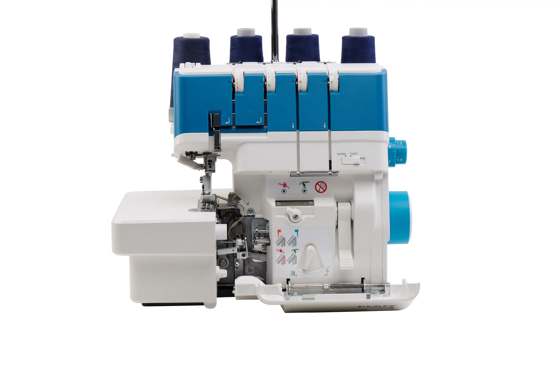 A blue and white sewing machine is sitting on a white surface.