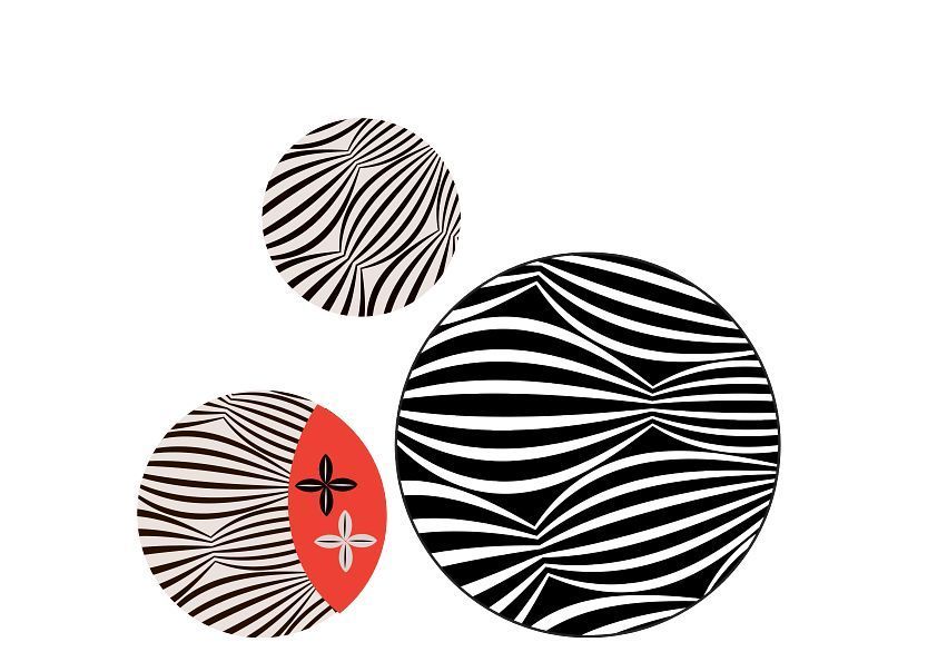 A black and white circle with a red cross on it