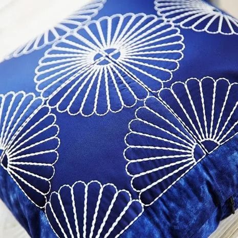 Blue Pillow With White Embroidery