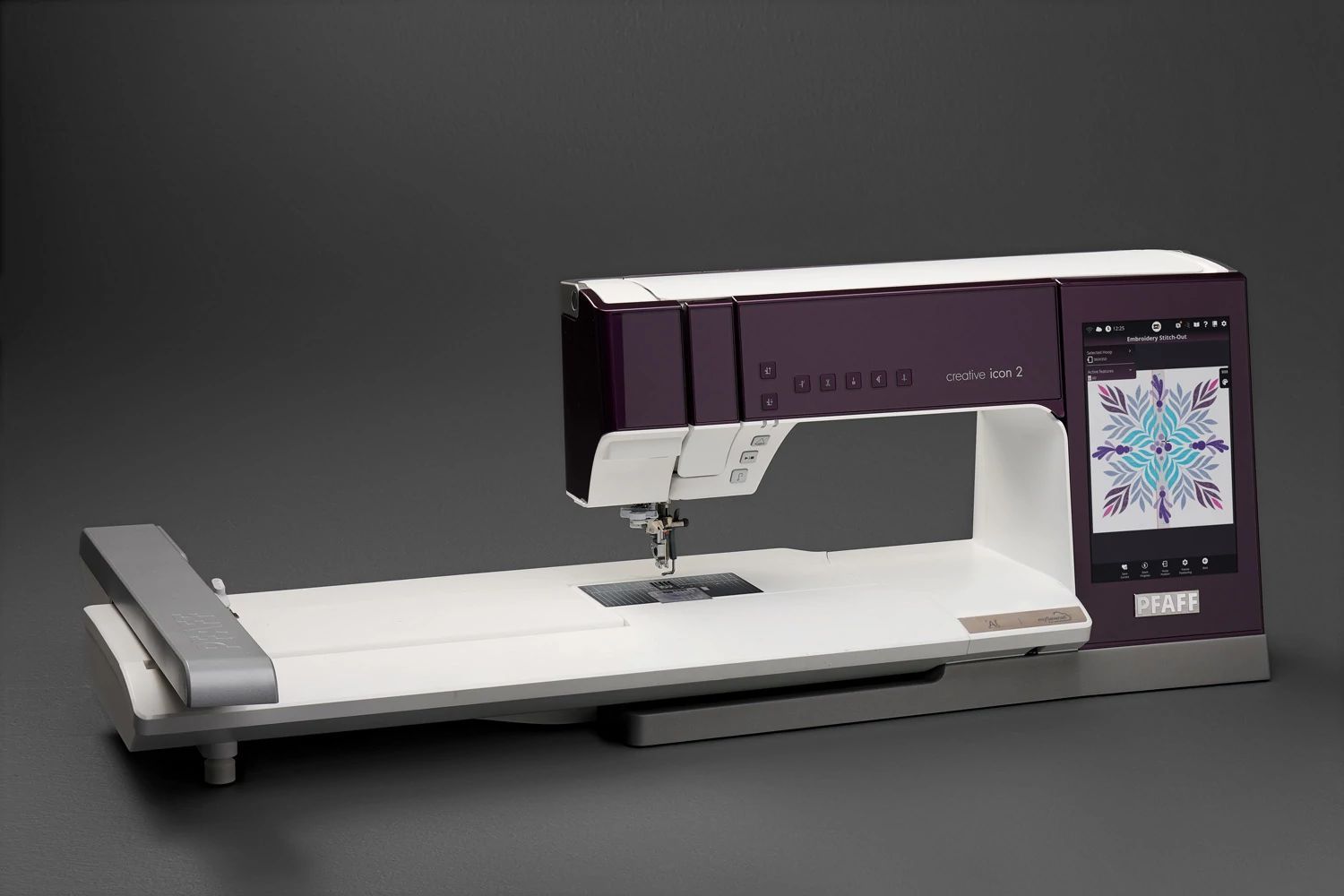 A purple and white sewing machine is sitting on a table