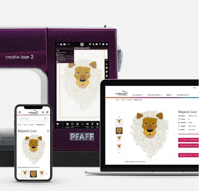 A purple pfaff machine with a picture of a lion on it