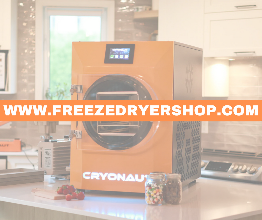 A freeze dryer is sitting on a counter in a kitchen
