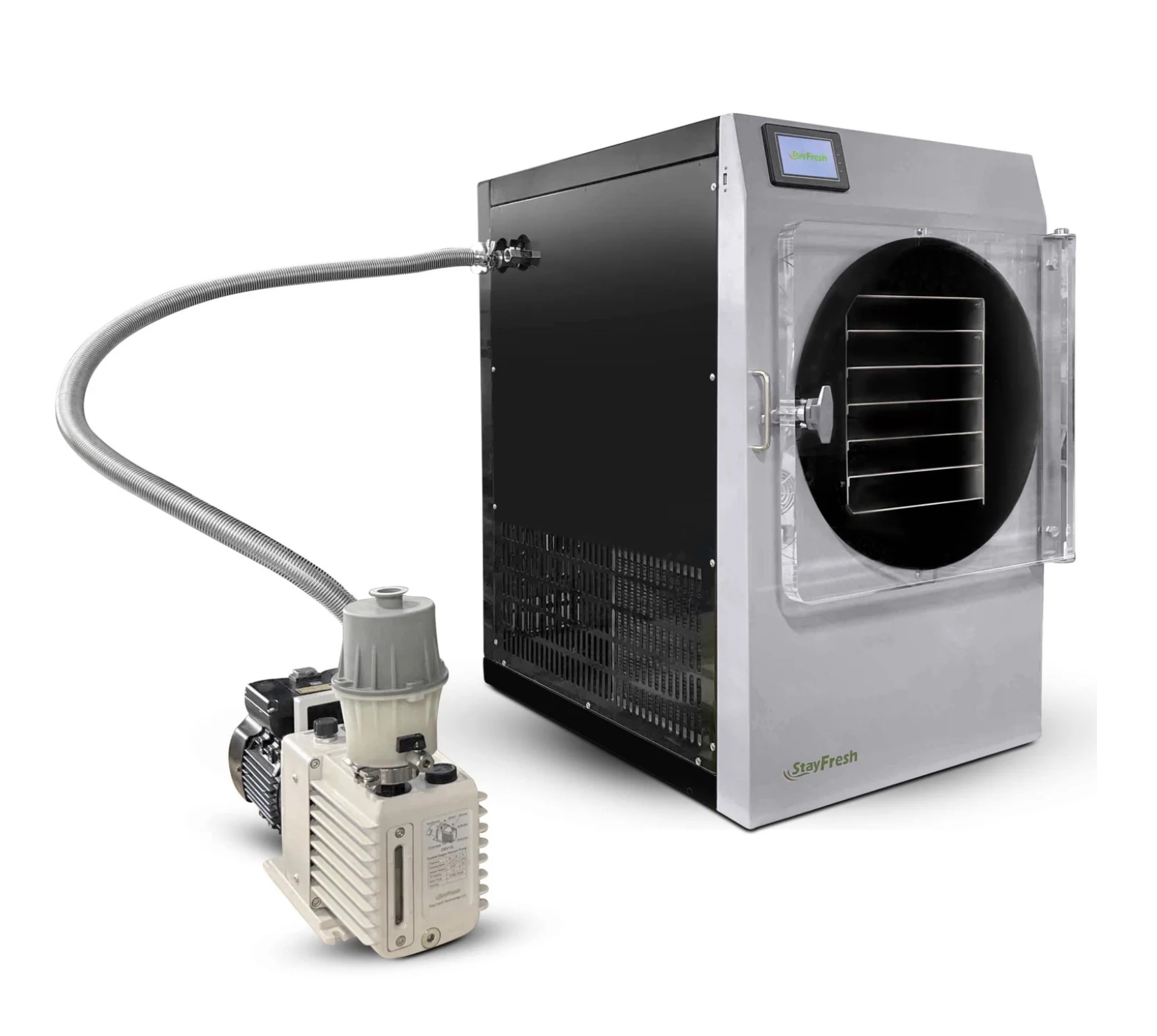 A freeze dryer machine with a connected vacuum pump. The machine is silver and black.