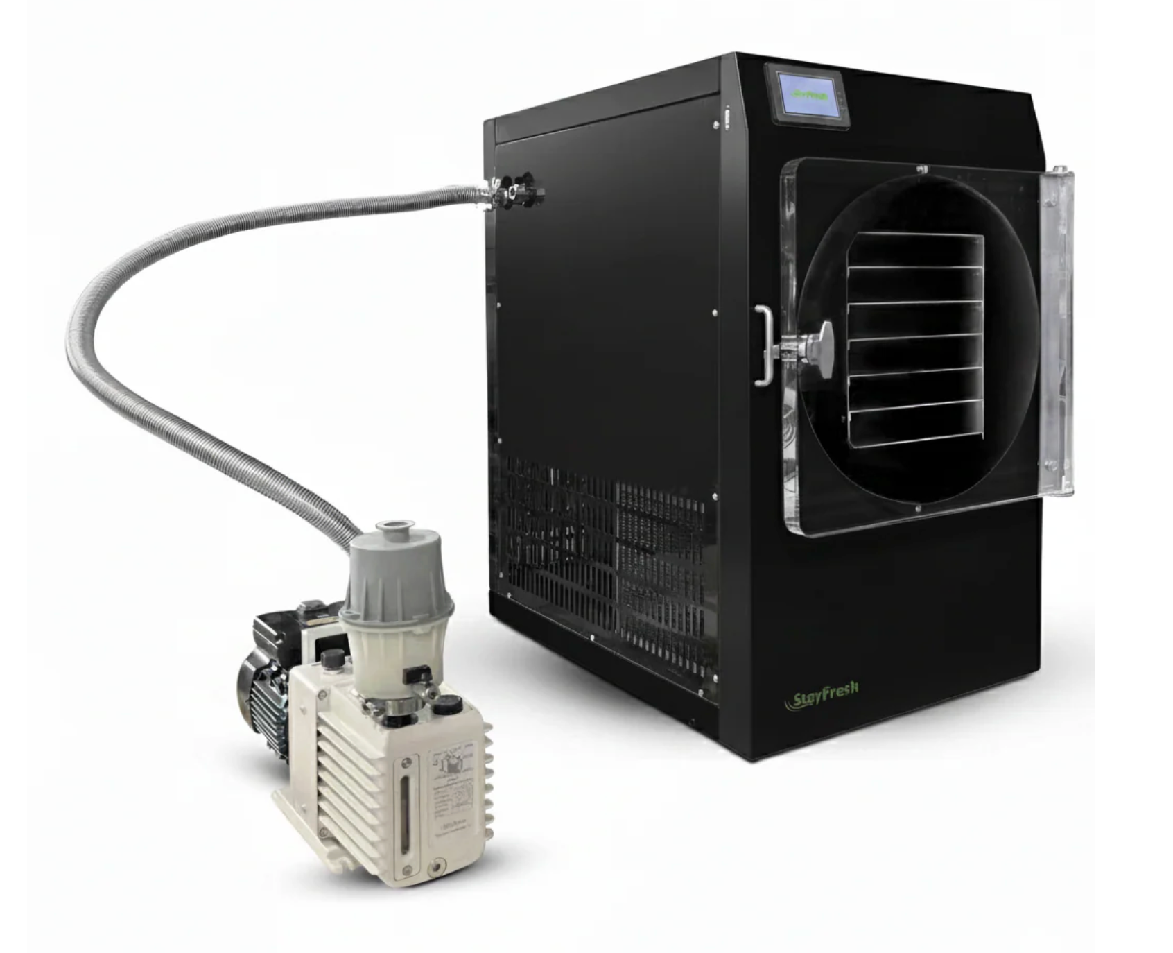 Black freeze dryer machine with connected vacuum pump.
