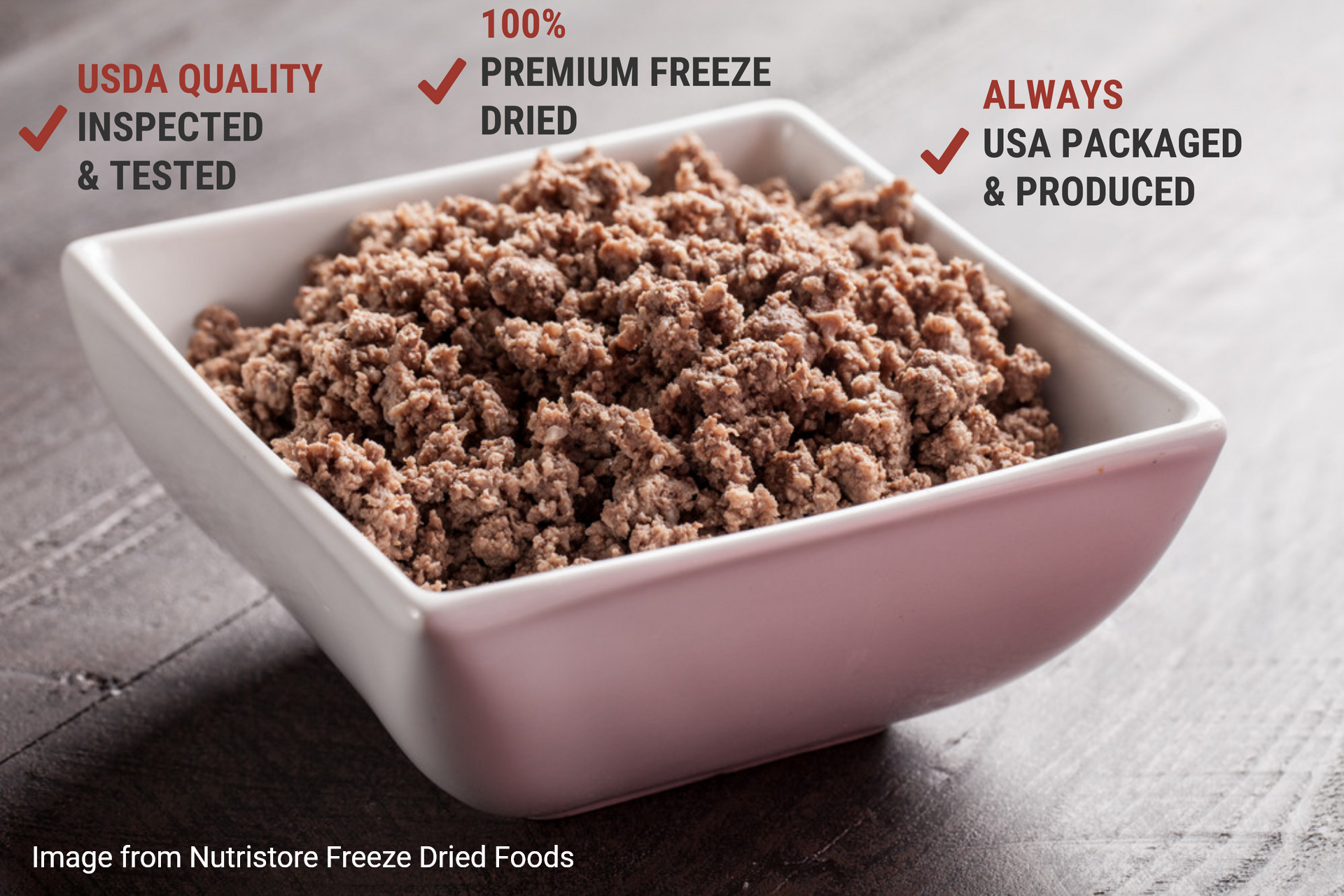 A white square bowl filled with freeze-dried meat, with text indicating USDA quality, and USA packaged.
