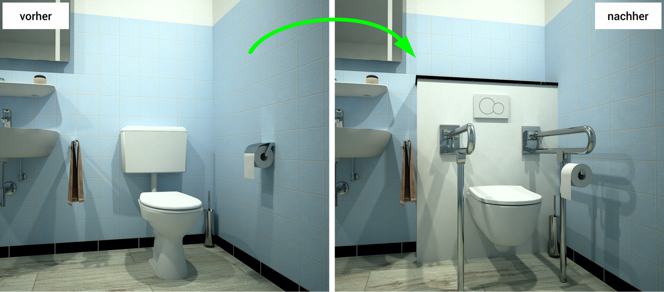 Vorher-nachher-Vergleich eines WC-Umbaus in einem Bad mit blauen Fliesen in Gifhorn