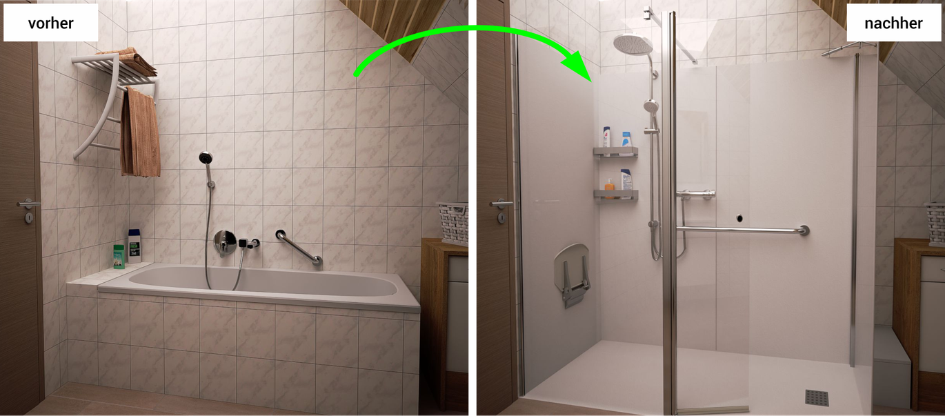 Vorher-nachher-Vergleich eines Umbaus von Wanne zur Dusche in einem Bad im Dachgeschoss in Helmstedt