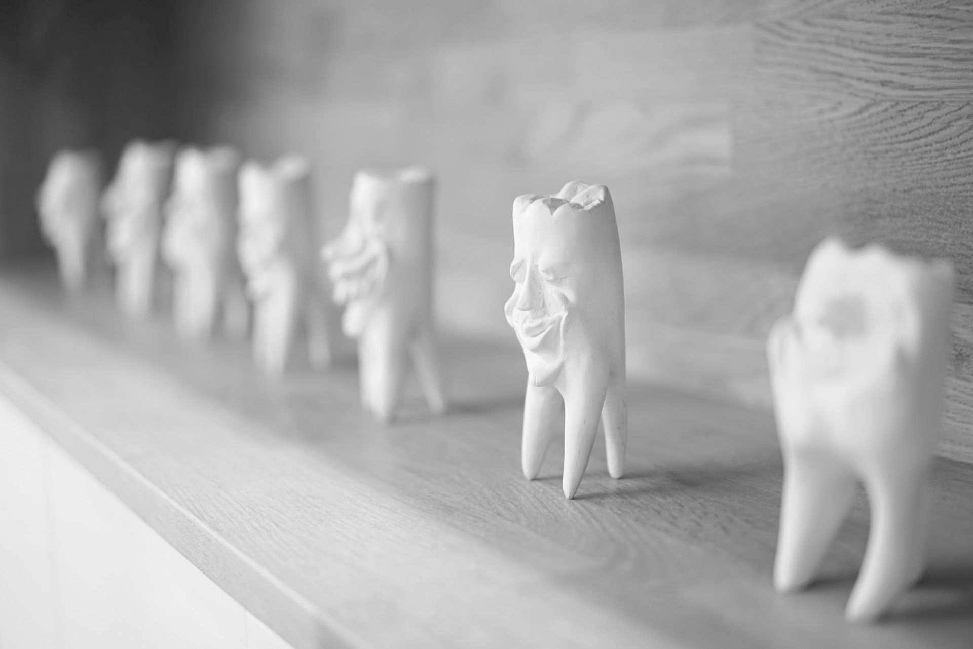 Reihe weißer Keramikzahnskulpturen auf einem Holzregal.