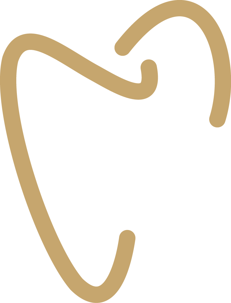 Goldfarbener stilisierter Zahn in Herzform auf weißem Hintergrund.