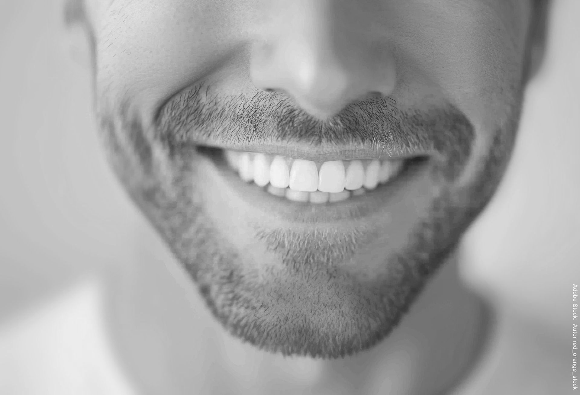 Nahaufnahme eines lächelnden Mundes und Bartes. Weiße Zähne und ein glücklicher Gesichtsausdruck sind zu sehen.