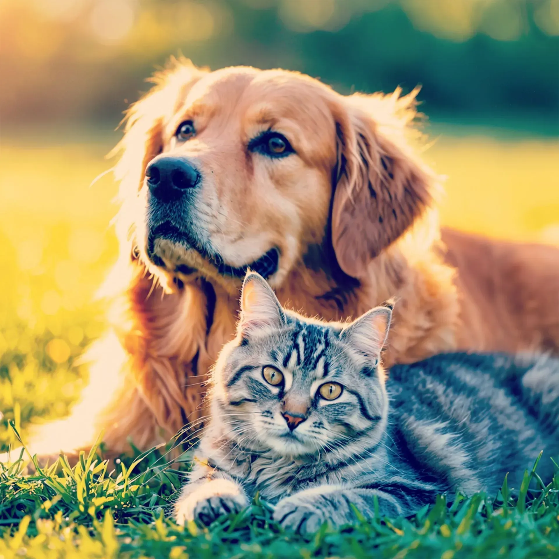 A dog and a cat are laying in the grass together.