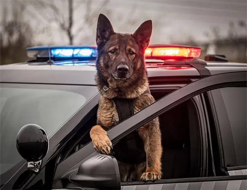 A police dog is sitting in the driver 's seat of a police car.
