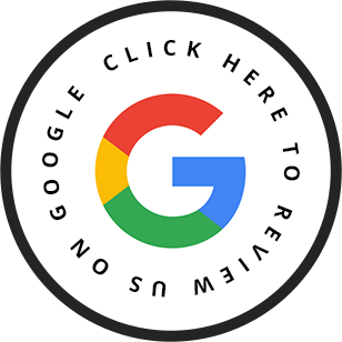 A google logo in a circle that says `` click here to review us ''.