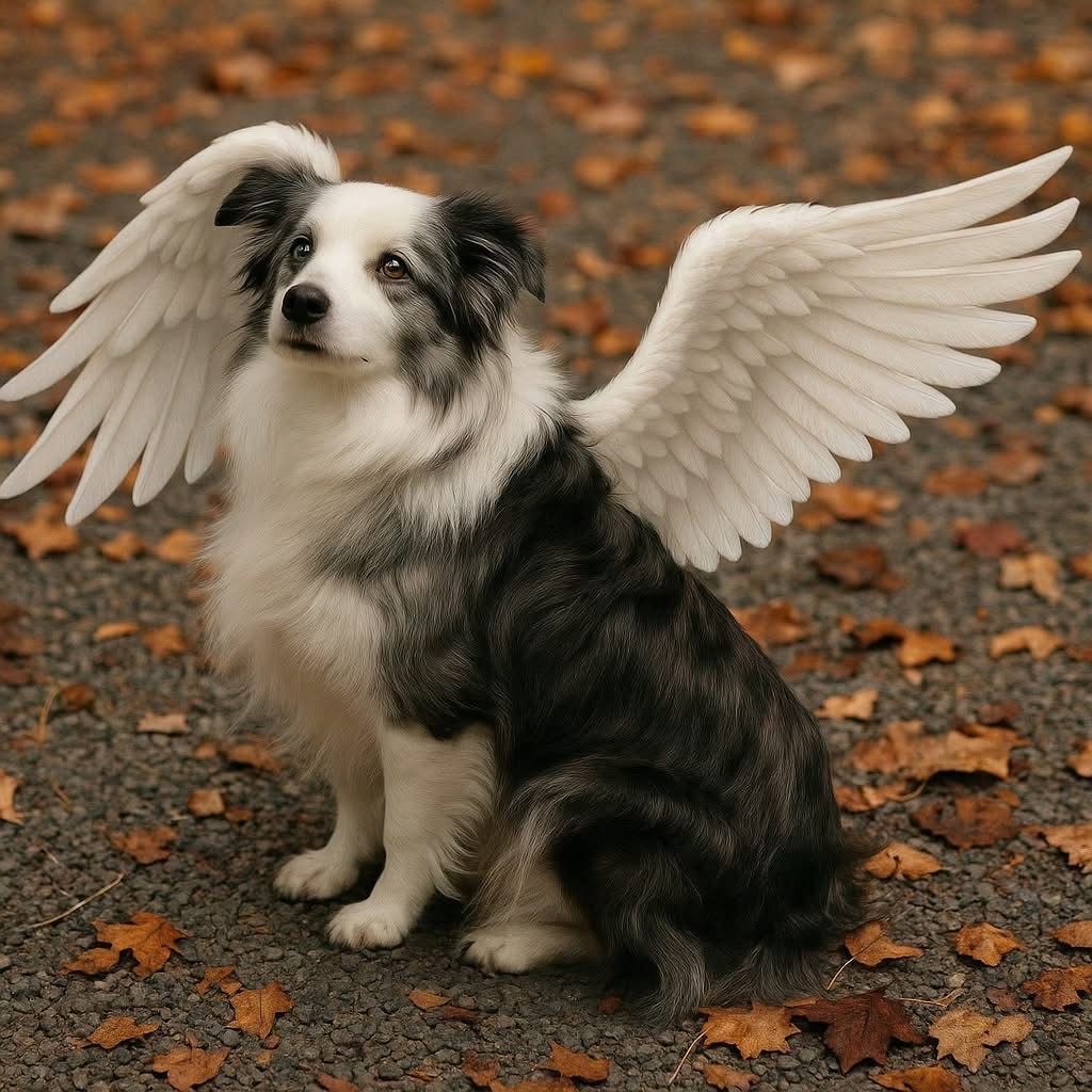 A black and white dog with angel wings sitting on the ground