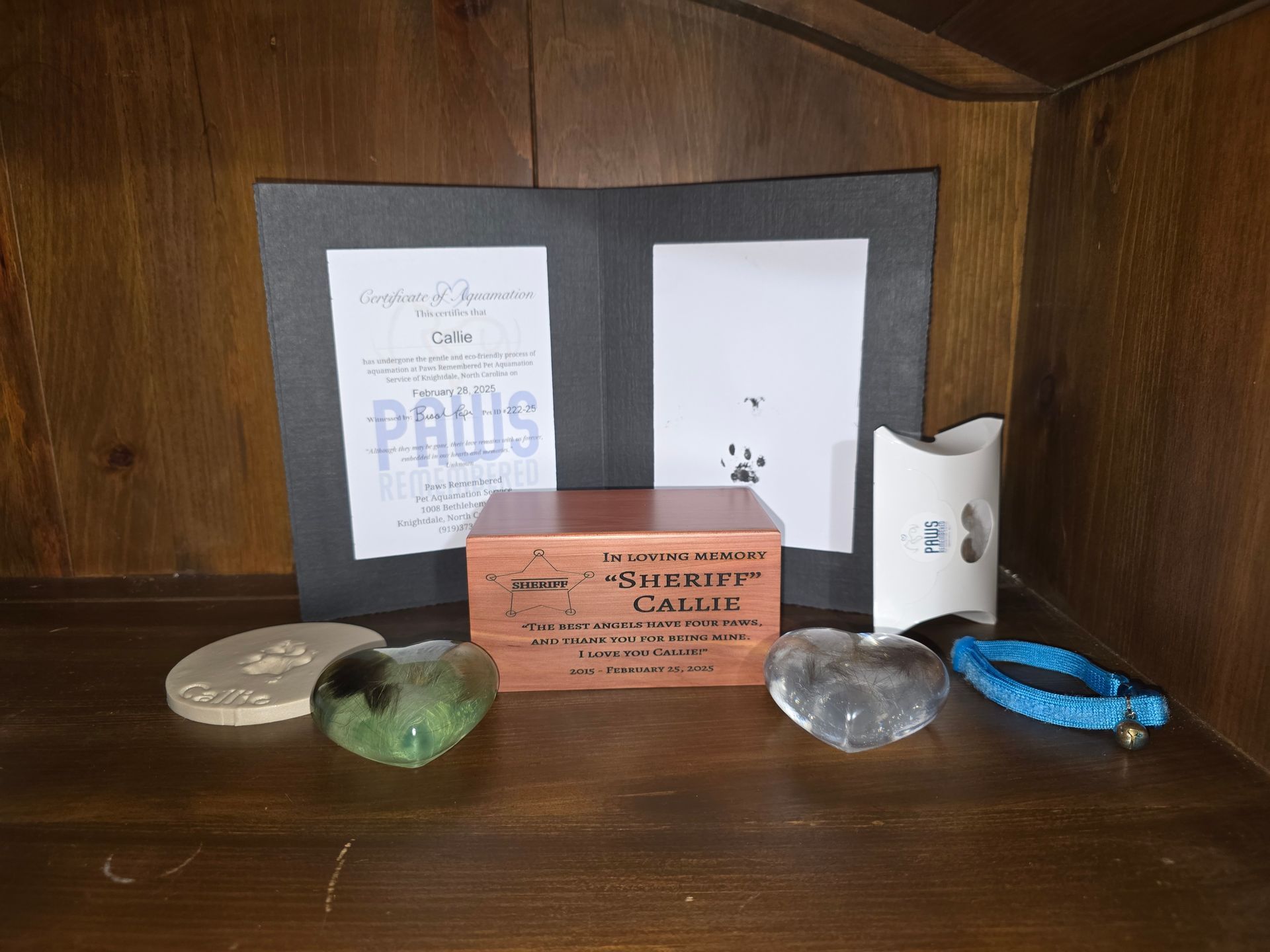 A wooden shelf with a box that says paws on it