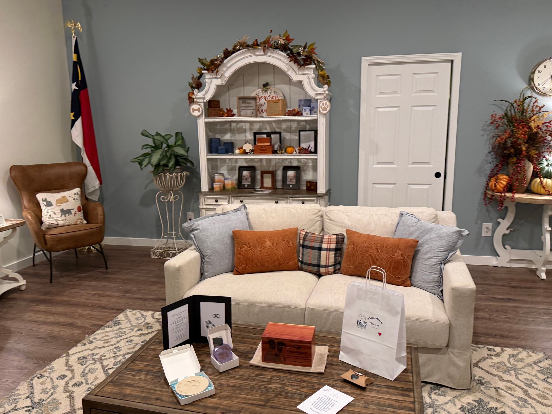 A living room with a couch and a coffee table