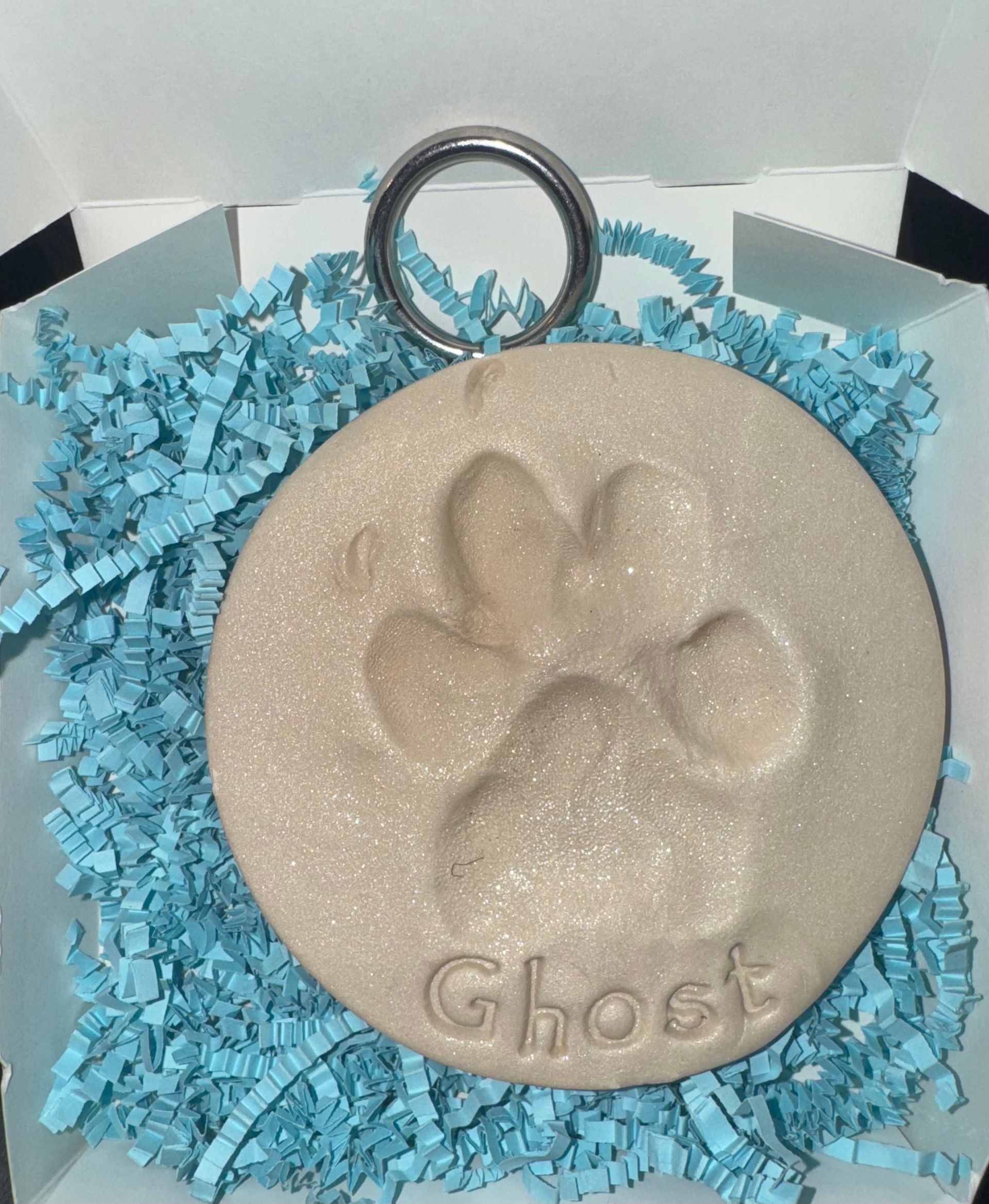 A round item with a paw print and the word ghost on it