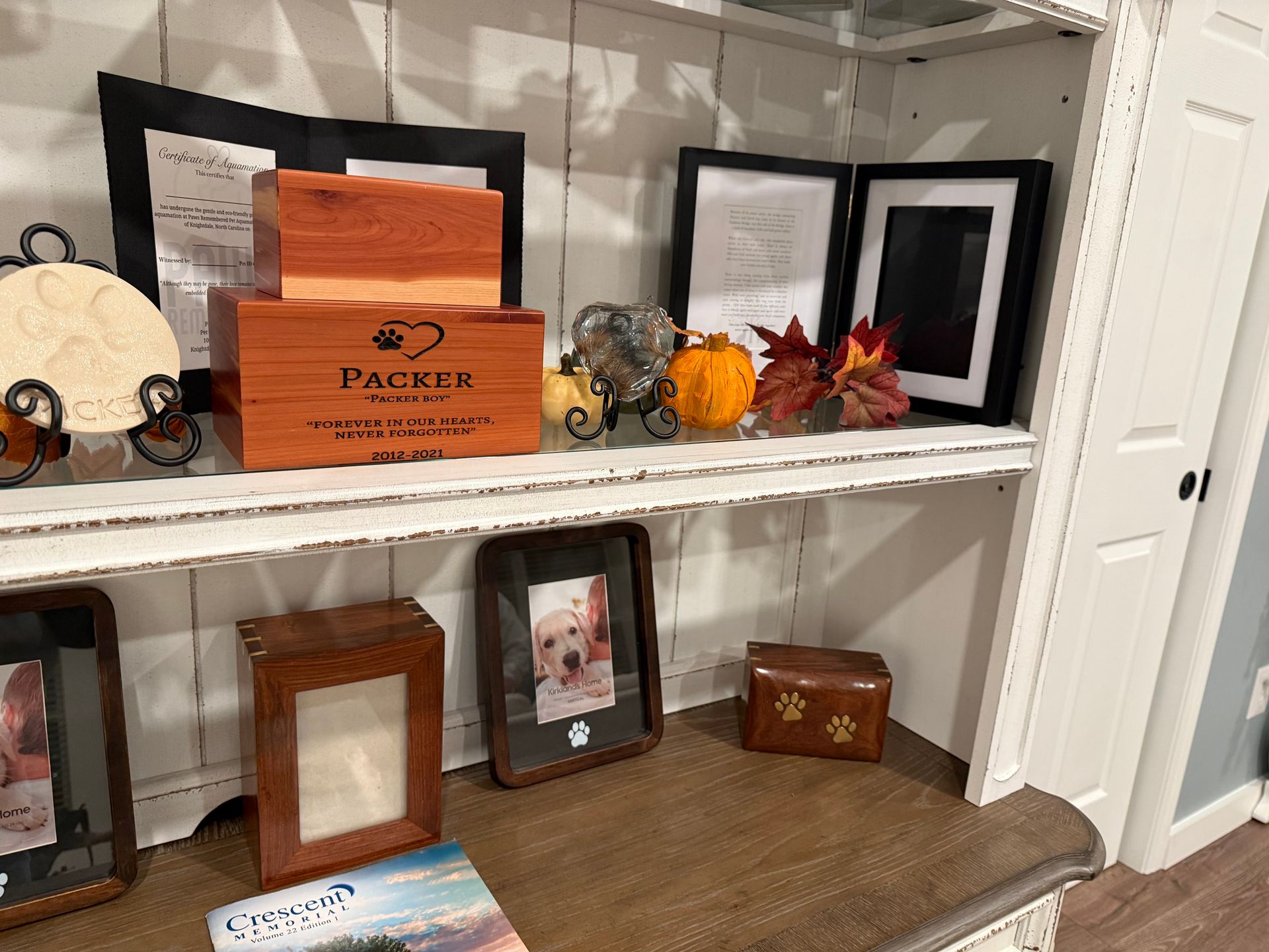 A wooden box with the word packers on it is sitting on top of a wooden shelf.