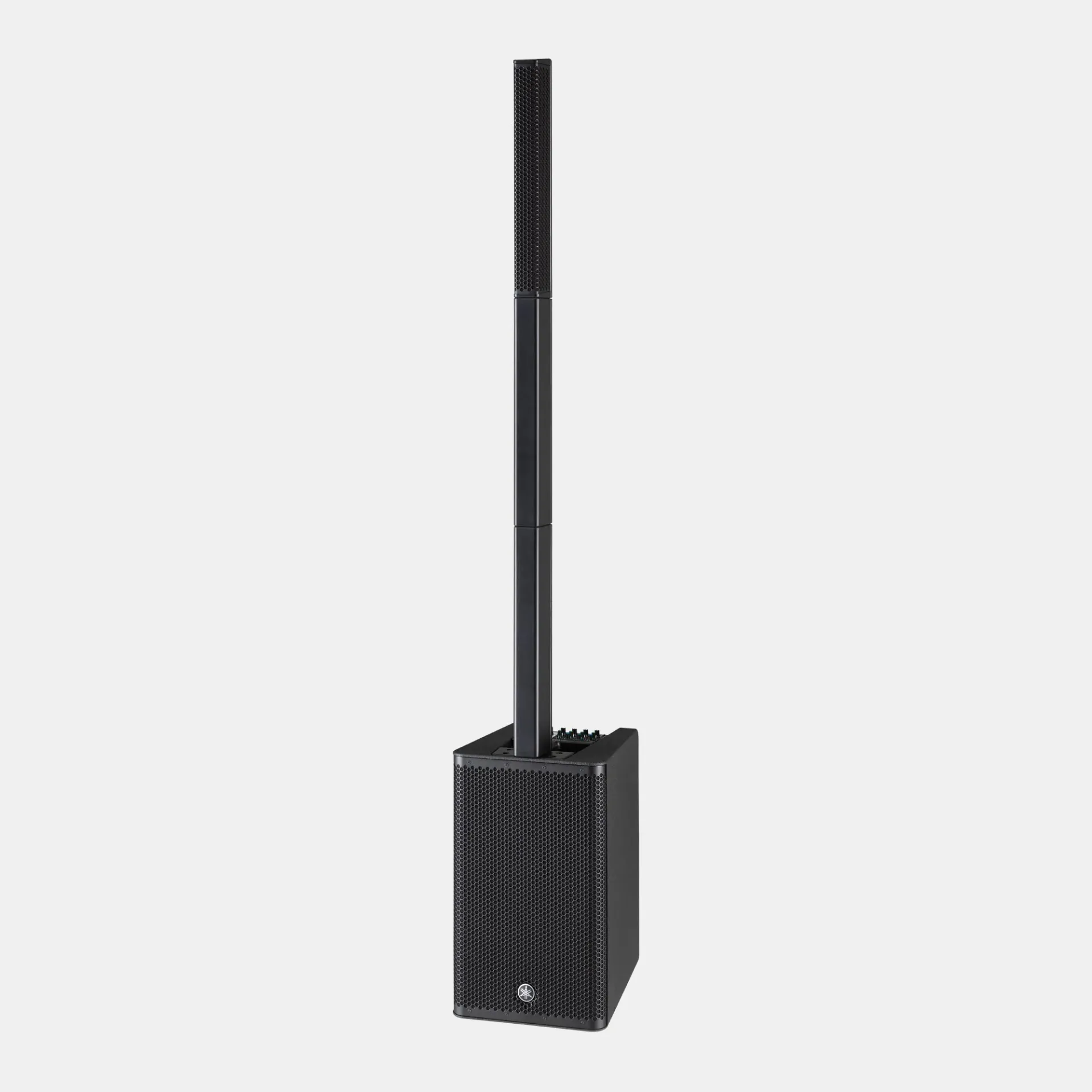 A black speaker with a long pole attached to it on a white background.