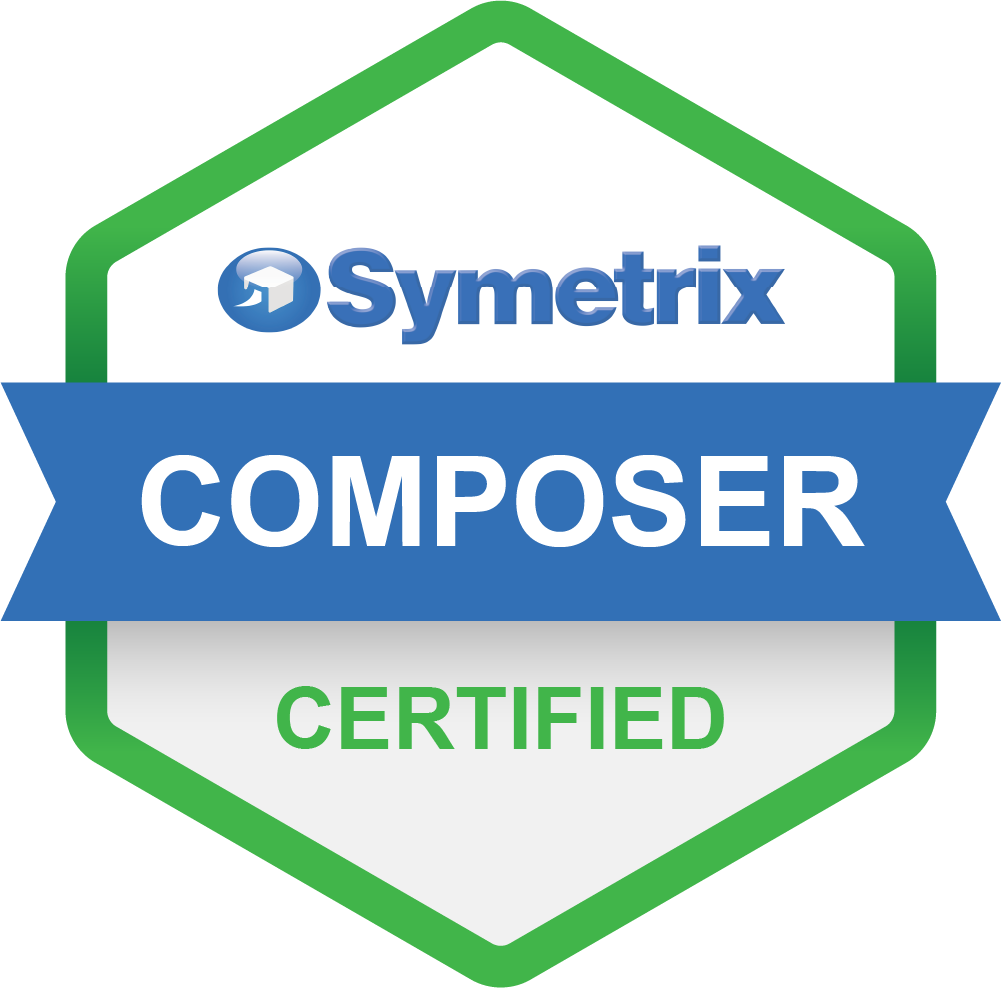 A symmetrix composer certified badge with a blue ribbon.