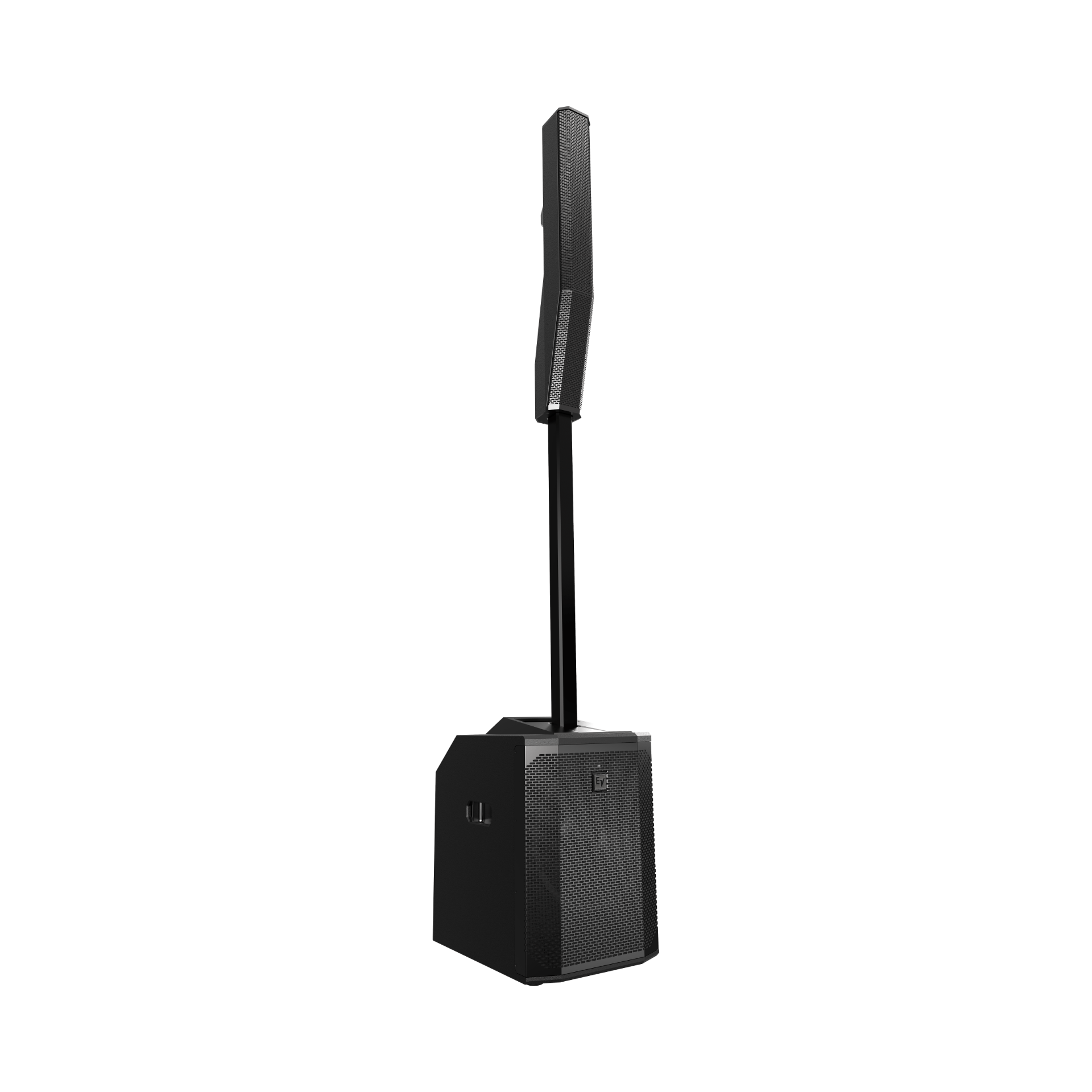 A black speaker with a microphone attached to it on a white background.