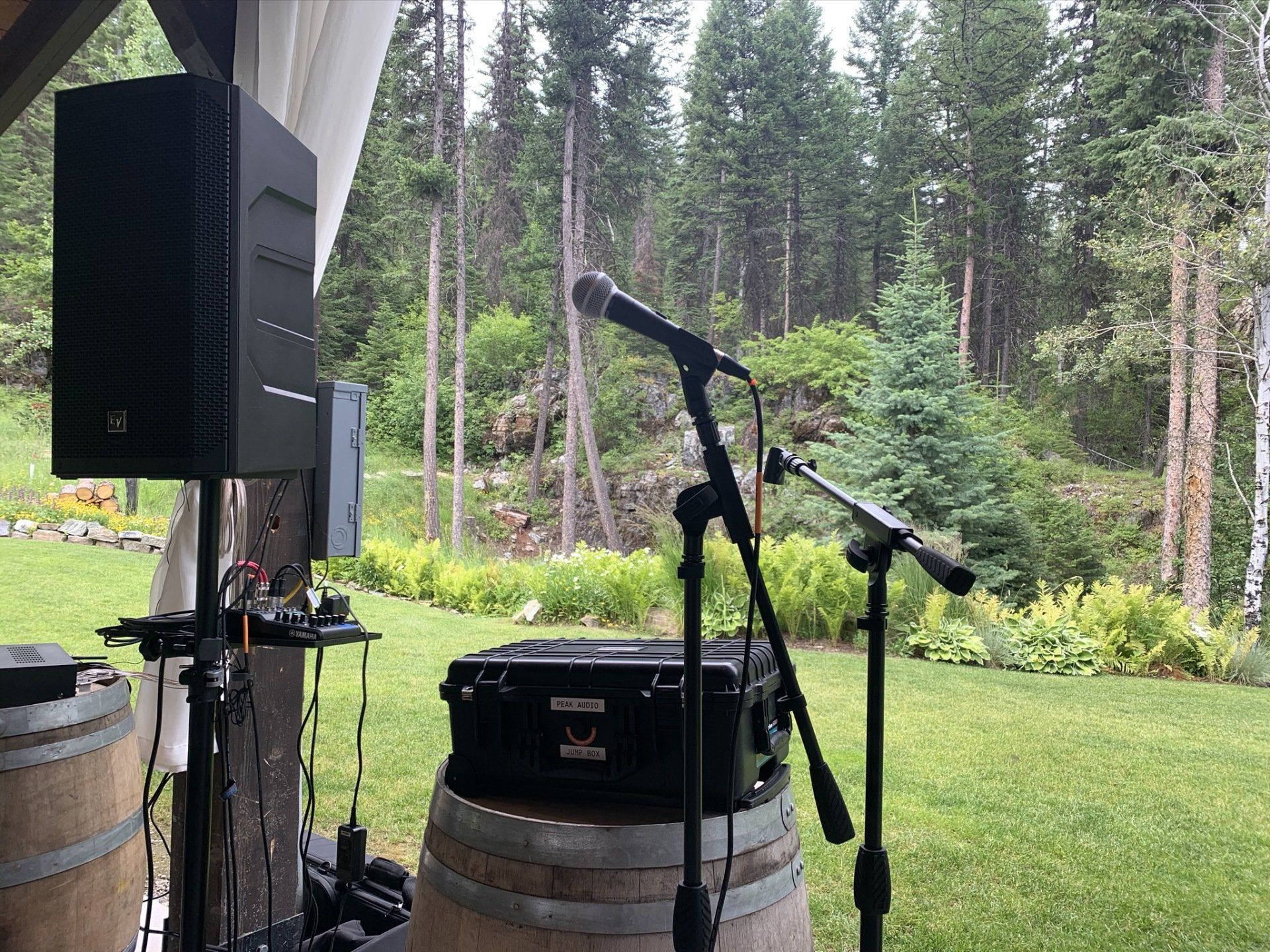 A microphone is sitting on top of a wooden barrel in front of a forest.