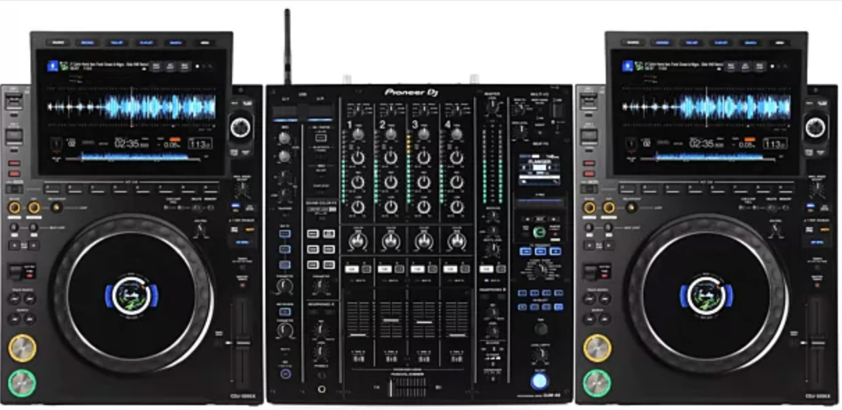 A dj controller with two speakers and a bunch of buttons on it.