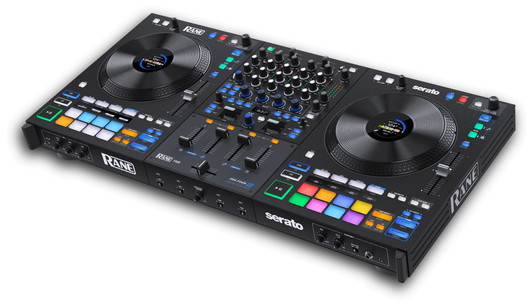 A dj controller with two speakers and a bunch of buttons on it.