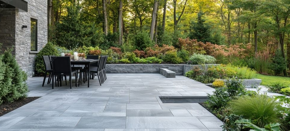 AD Construction NJ - Patio with dining table, surrounded by lush green garden and trees.