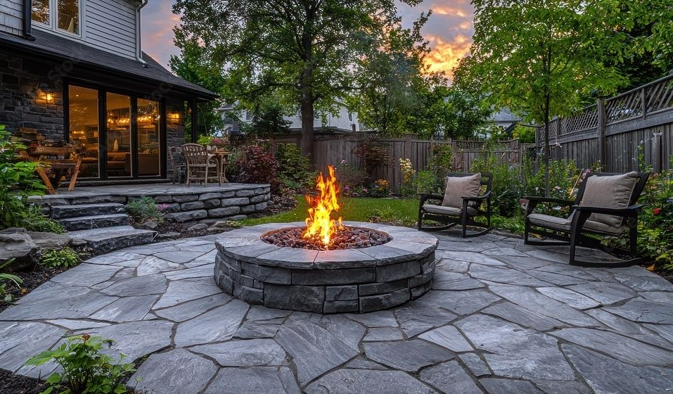 AD Construction NJ - Stone patio with fire pit, chairs, and house in backyard at sunset.