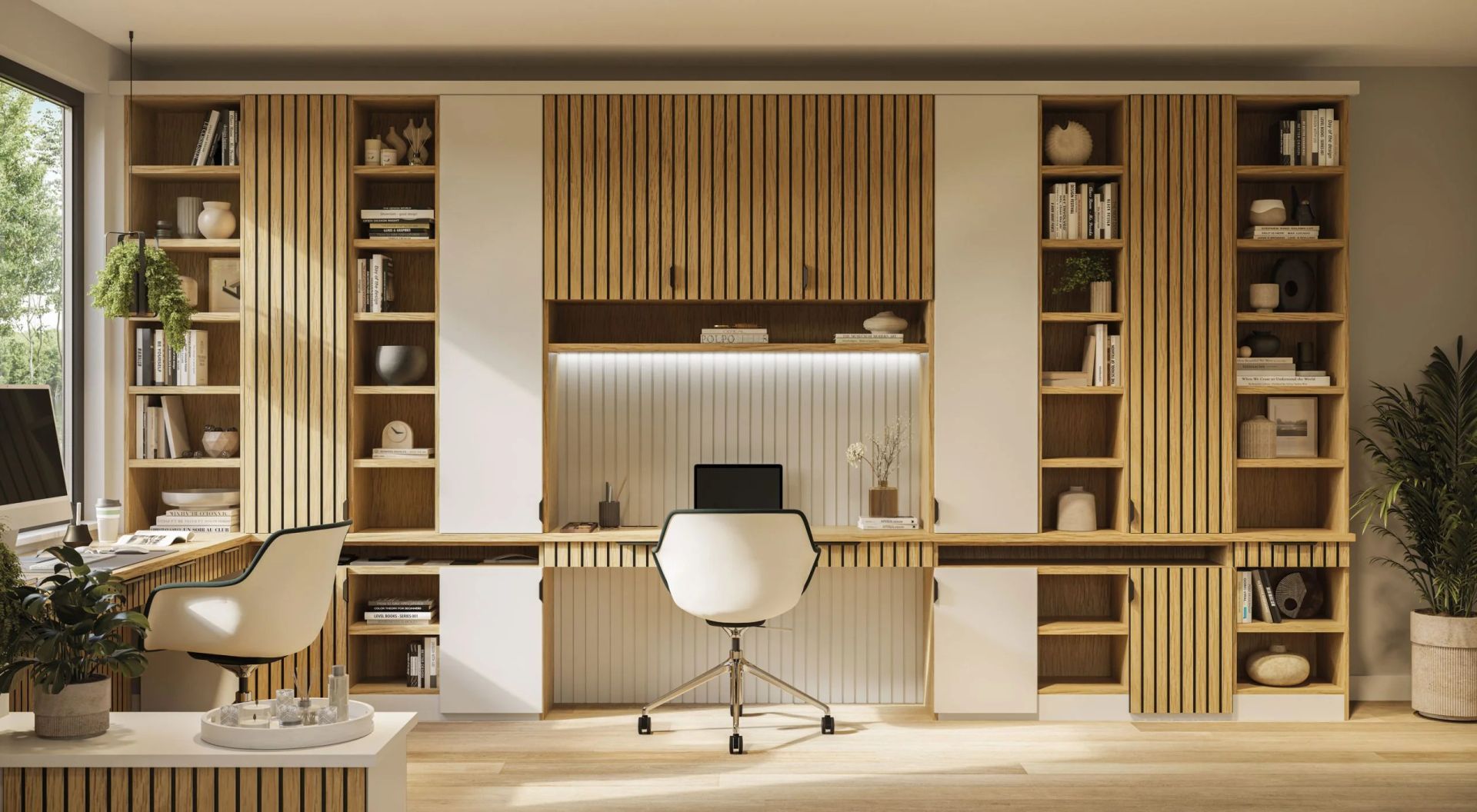 AD Construction NJ - Modern home office with wooden and white built-in desk, shelving, and a desk chair.