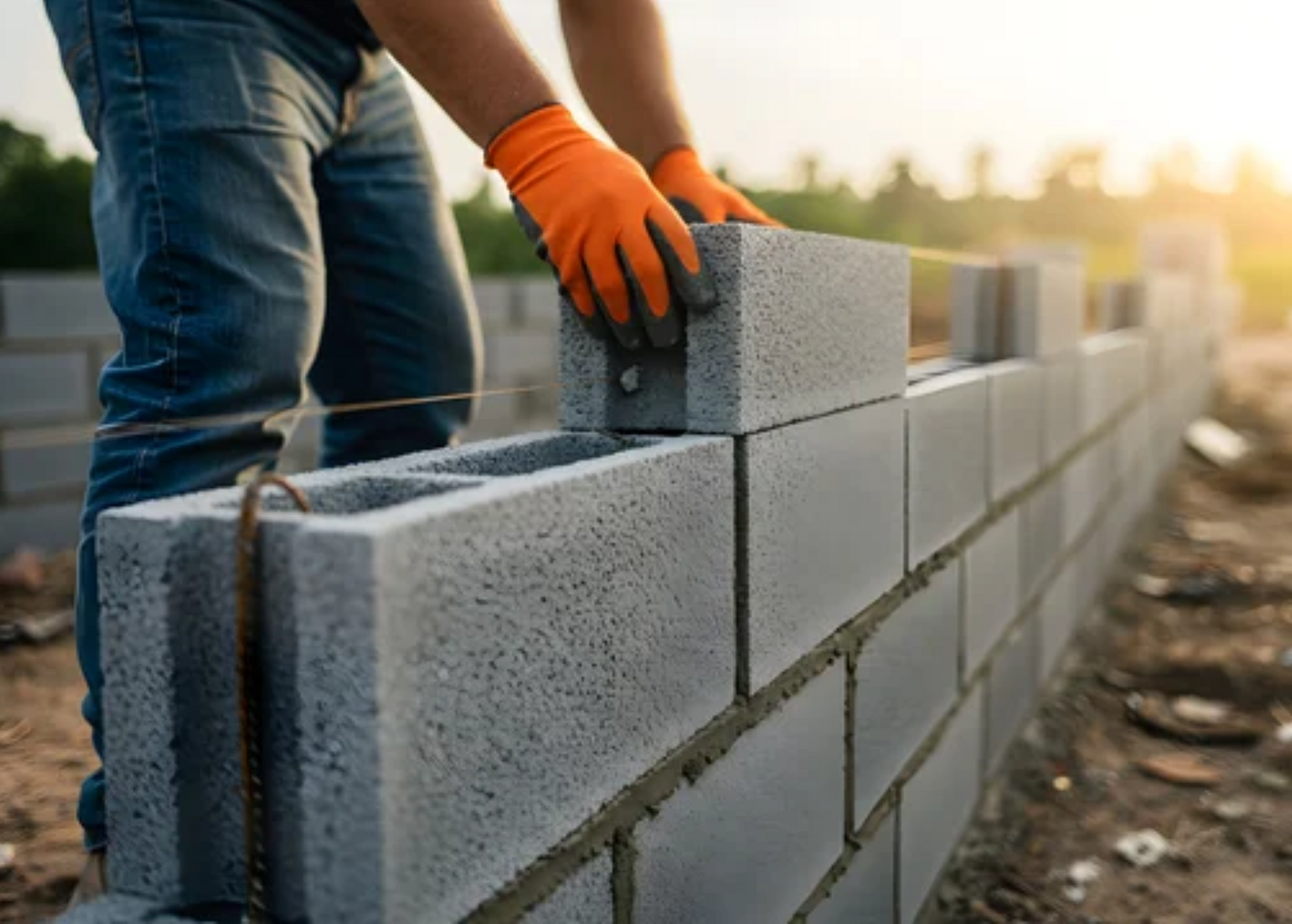 AD Construction NJ - Person in orange gloves laying concrete blocks, outdoors.